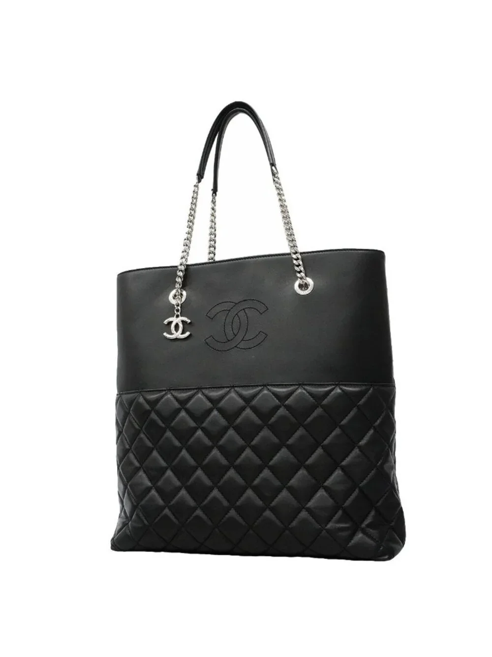 Chanel Tote Bag Quilted Lambskin Black Silver